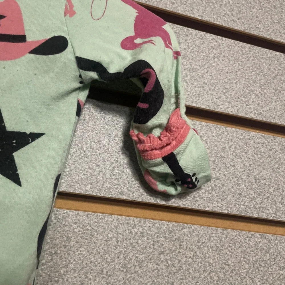 Kickee Pants Cowgirl Western Print Bamboo Ruffle‎ Footie Sleeper Mint Pink 0-3M